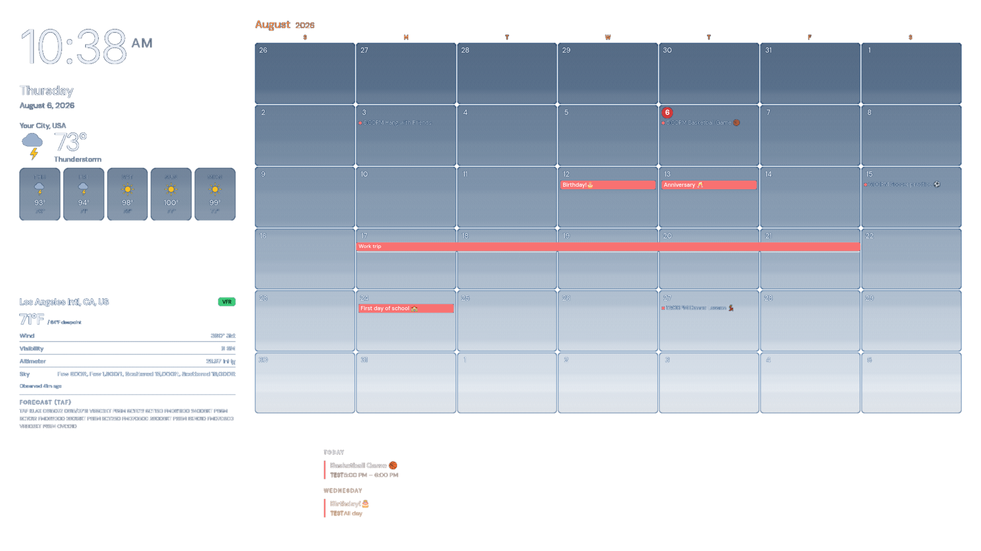 Piazza HQ running the Aviation theme, with animated planes flying behind the calendar and weather widgets